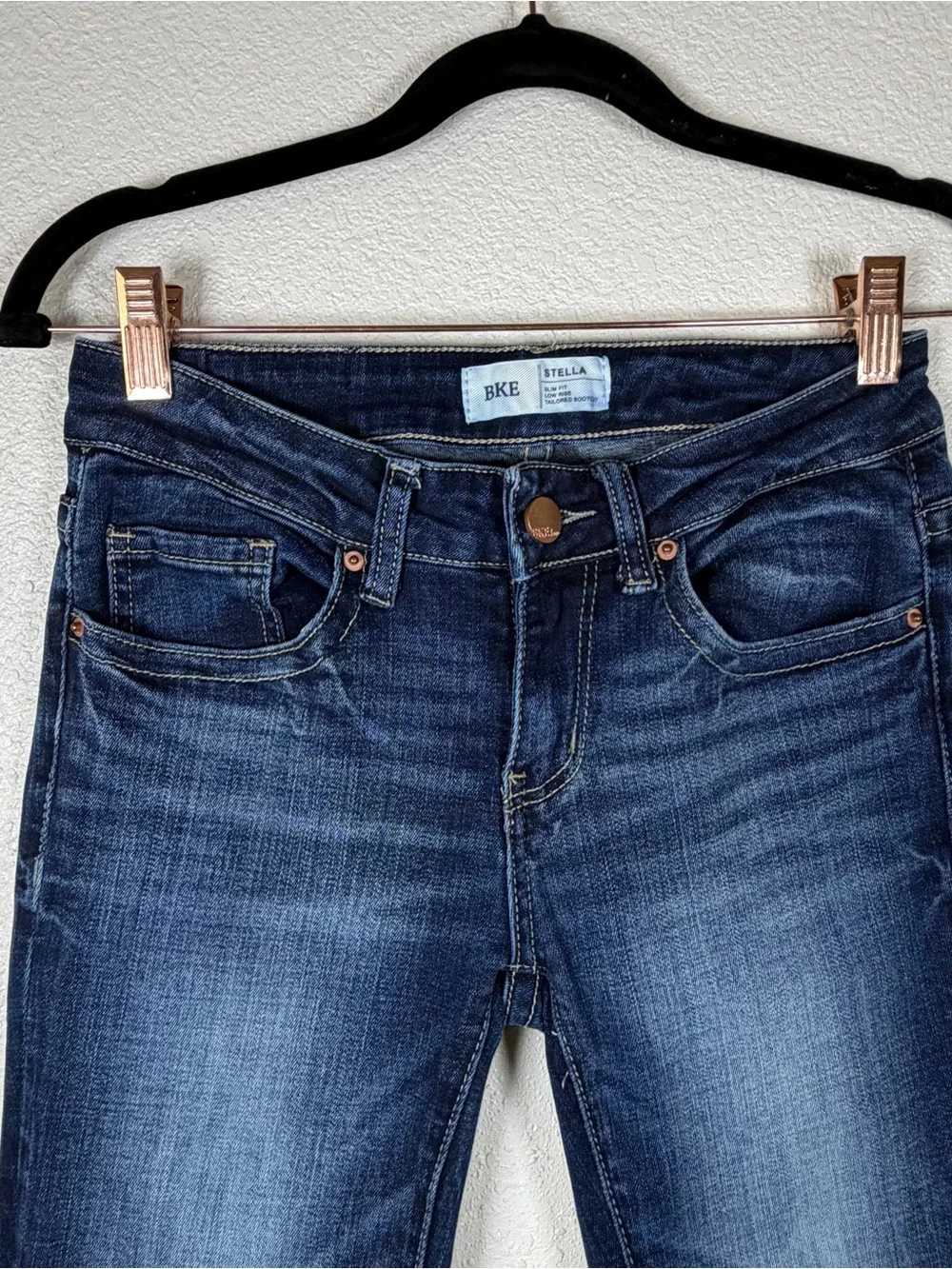 BKE 25x33.5” Stella Dark Wash Slim Fit Low Rise Tailored Bootcut Jeans Denim
